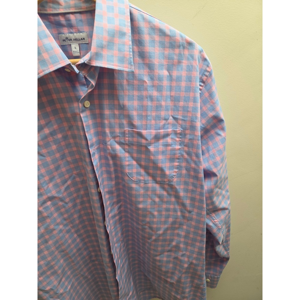 Peter Millar Mens Large Gingham Button Down Shirt Pink Blue Cotton Stretch L - Picture 6 of 9